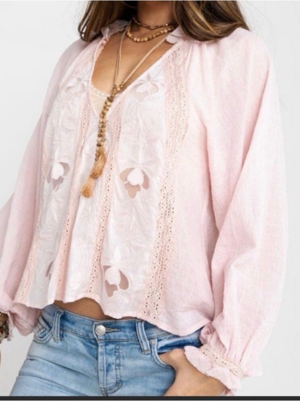 Free People Lace-Trim Boho Top M Light Pink Relaxed Feminine
